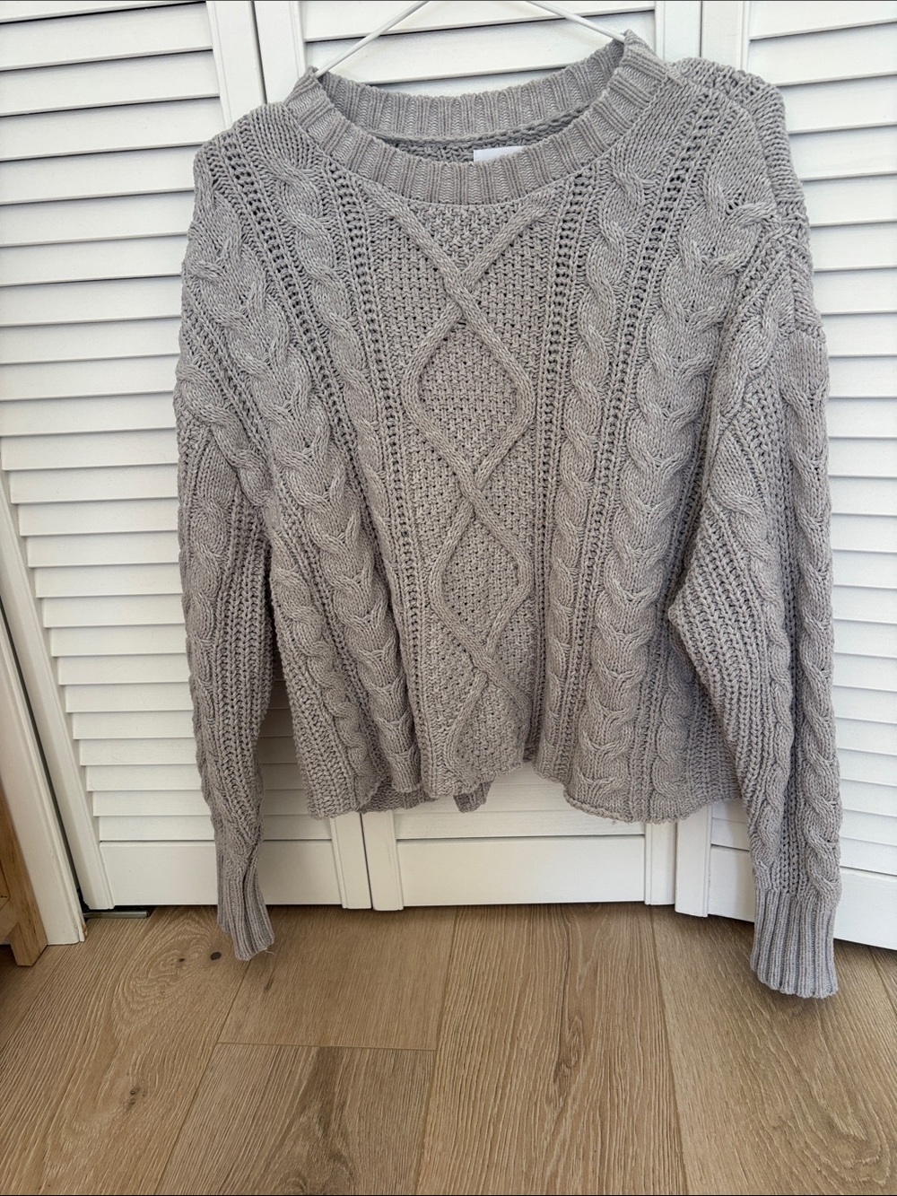 La Hearts Light Gray Cable Knit Crewneck Sweater oversized